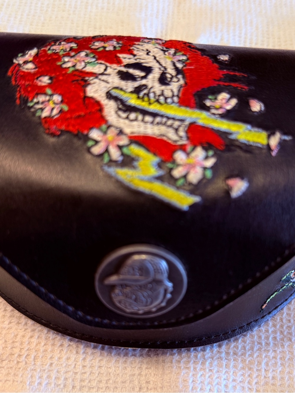 Vintage ed Hardy Black Leather Sunglasses Case with Colorful Skull Embroidery